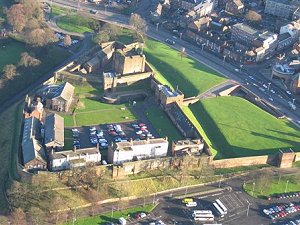 Carlisle Castle from the air, showing how the dual carriageway separates it from the city